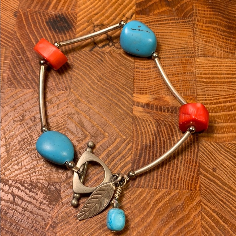 Coral & Turquoise silver colored bracelet feather